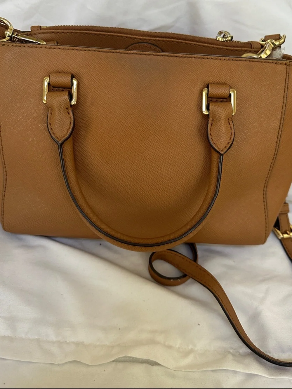 Michael Kors Brown Saffiano Satchel with Gold Stud Accents
